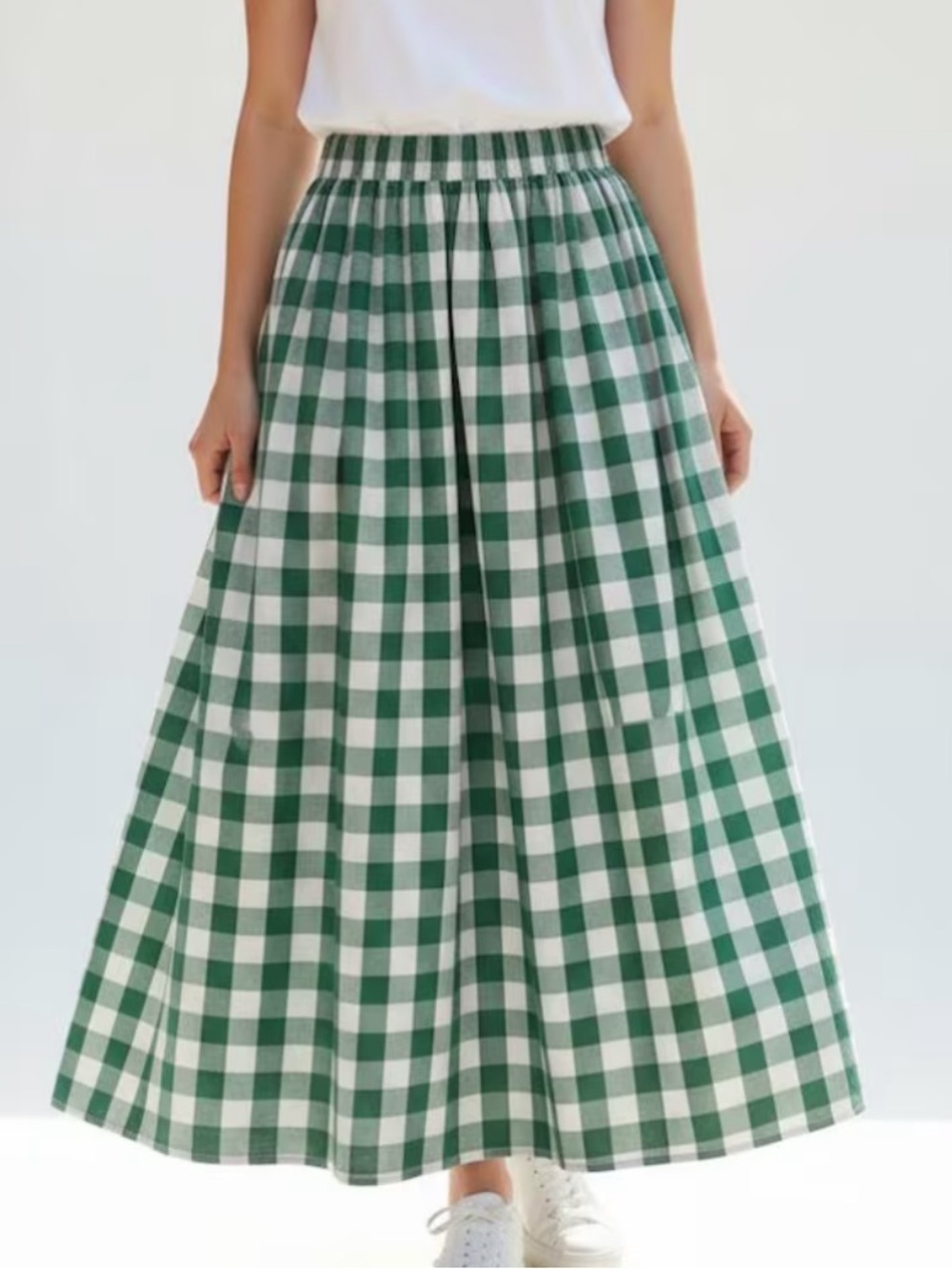 NEW Amour Linen Women’s Mona Maxi Linen Skirt In Green Gingham Small S
